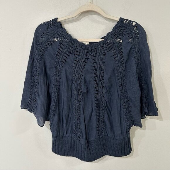 Anthropologie Tiny Sweetfern Peasant Top Navy Blue Crochet Cutout Top Size XS - Picture 4 of 8